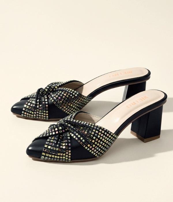 Classy Black Pointed Toe Zircon Slide Sandals